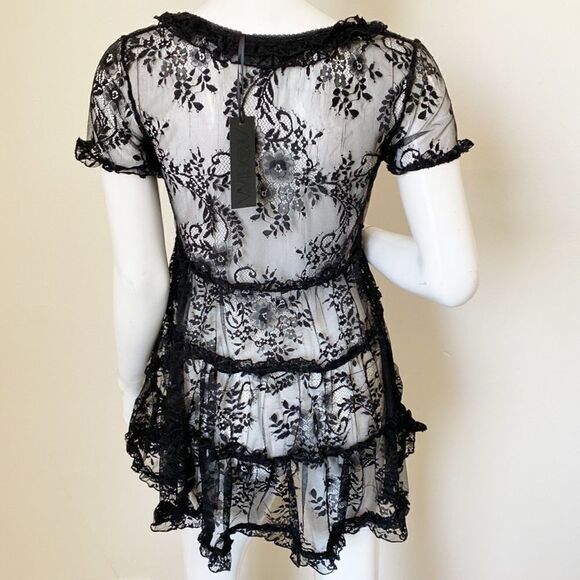 Dolls Kill Brand Widow Black Sheer Lace Short Sleeve Tiered Babydoll Mini Dress - Picture 3 of 7